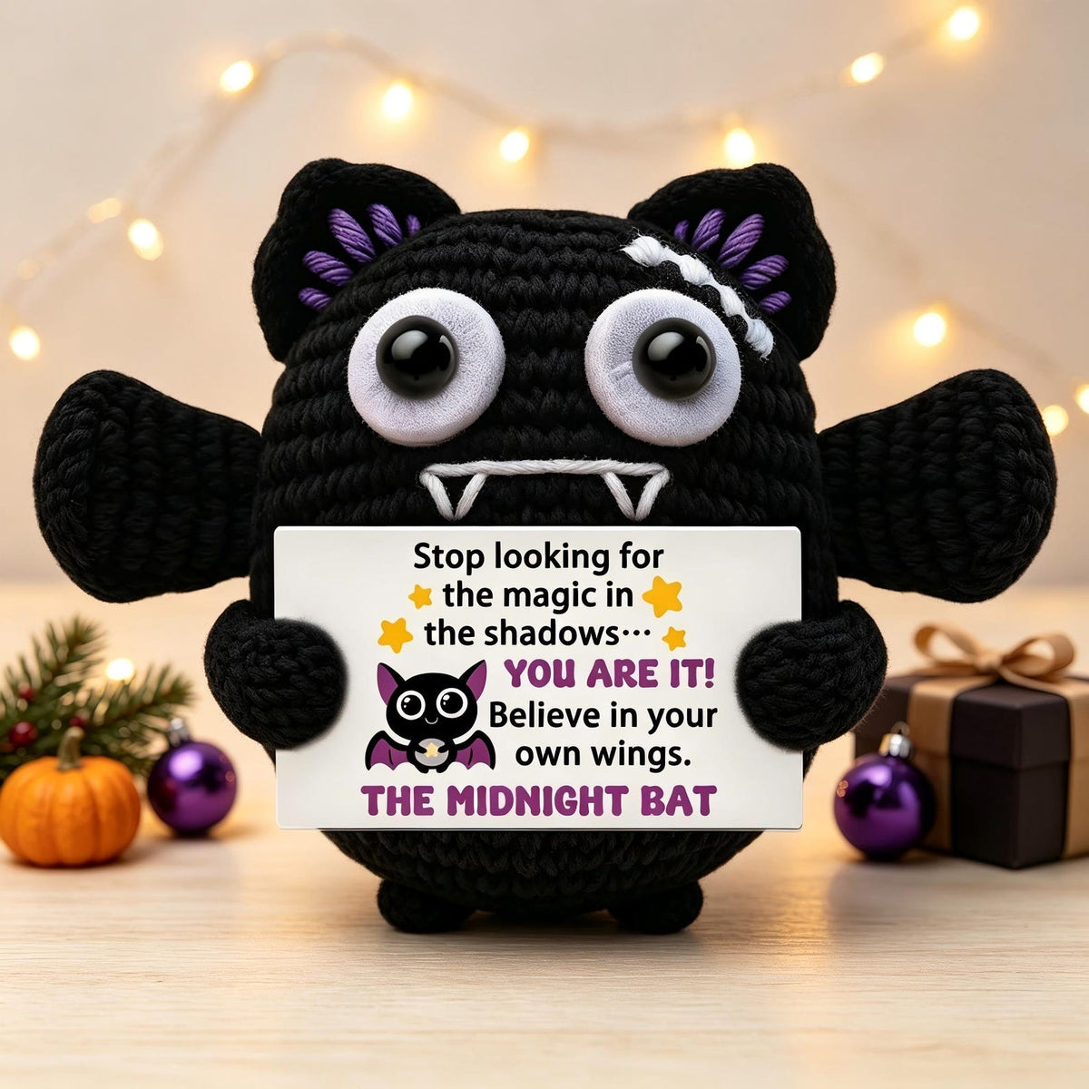 Handmade Crochet Positive Bat Plush, Funny Halloween Pocket Hug, Motivational Desk Decor