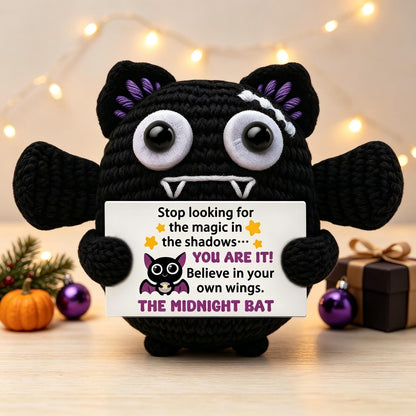 Handmade Crochet Positive Bat Plush, Funny Halloween Pocket Hug, Motivational Desk Decor