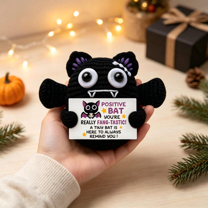 Handmade Crochet Positive Bat Plush, Funny Halloween Pocket Hug, Motivational Desk Decor