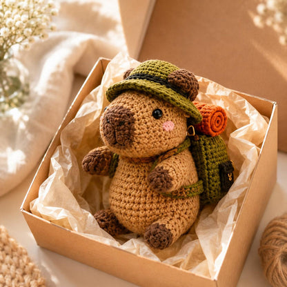 Crochet Camping Capybara Car Hanging, Amigurumi Hiker Animal Rearview Mirror Charm, Backpack Keychain Plush, Nature Lover Gift, Hiker Gift