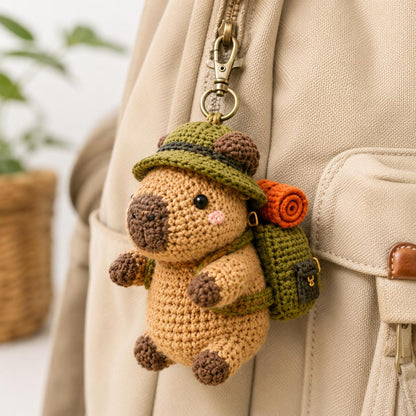 Crochet Camping Capybara Car Hanging, Amigurumi Hiker Animal Rearview Mirror Charm, Backpack Keychain Plush, Nature Lover Gift, Hiker Gift