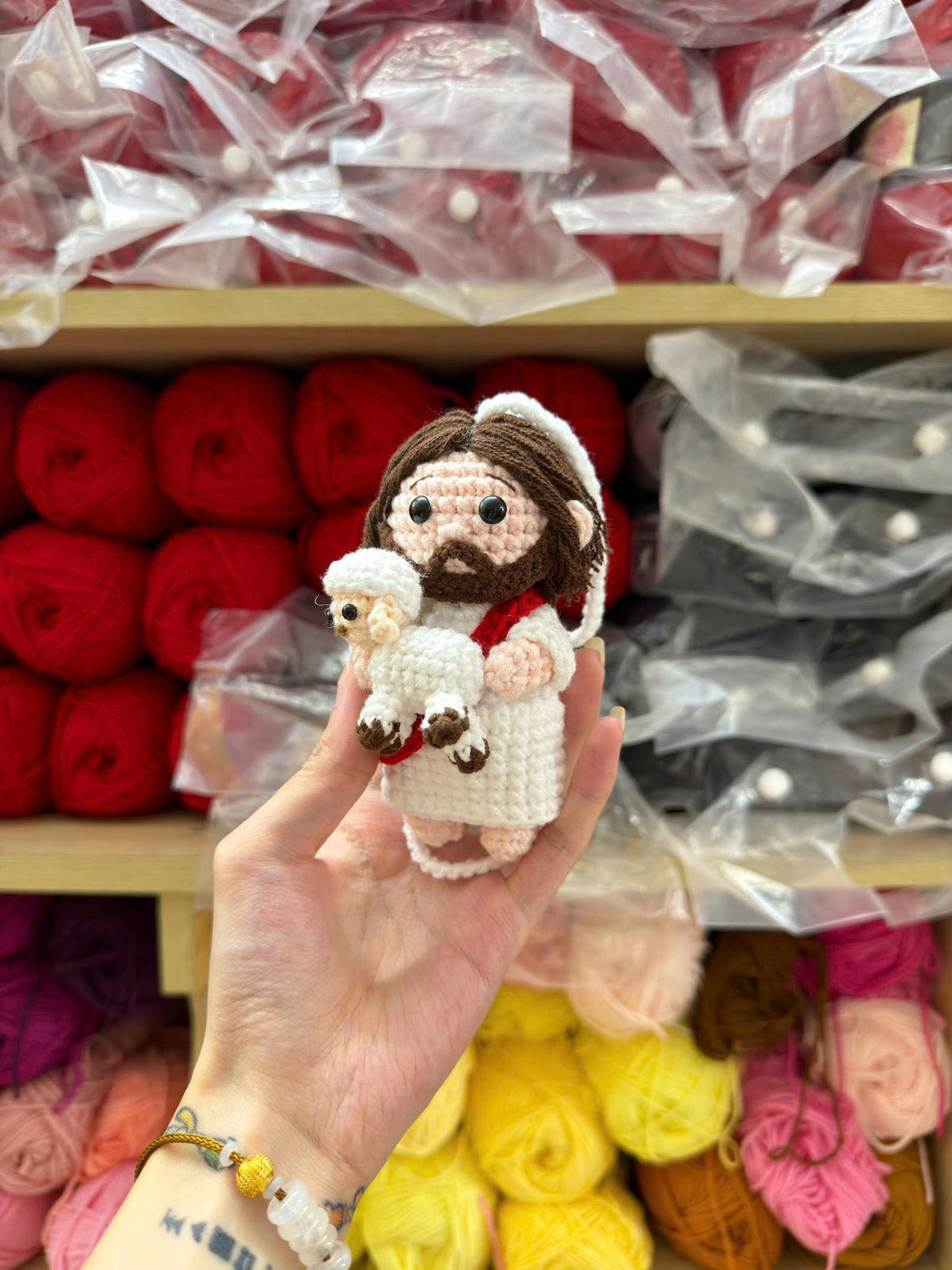 Crochet Jesus And Lamb Car Charm Rearview Mirror Hanging Decor Religious Gift For Drivers Spiritual Auto Accessory Handmade Keepsake