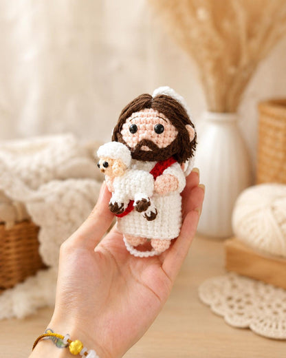 Crochet Jesus And Lamb Car Charm Rearview Mirror Hanging Decor Religious Gift For Drivers Spiritual Auto Accessory Handmade Keepsake