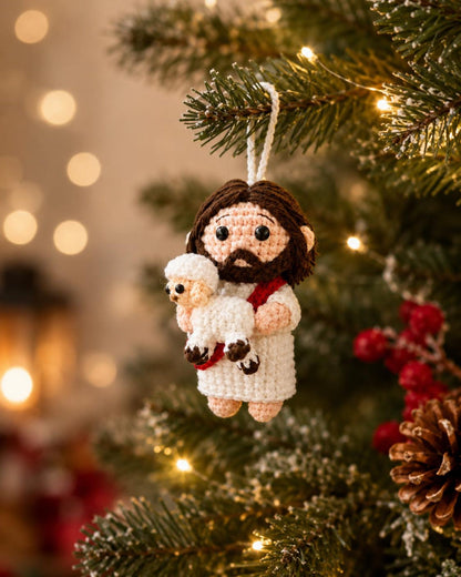Crochet Jesus And Lamb Car Charm Rearview Mirror Hanging Decor Religious Gift For Drivers Spiritual Auto Accessory Handmade Keepsake