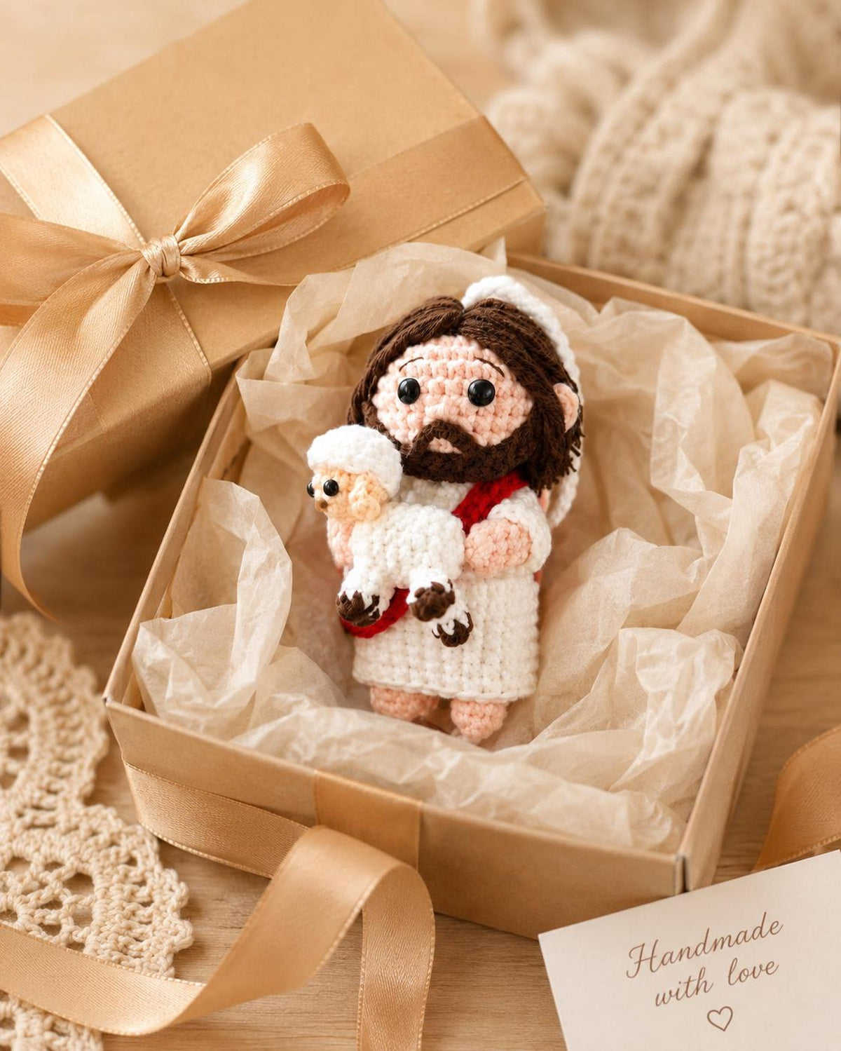 Crochet Jesus And Lamb Car Charm Rearview Mirror Hanging Decor Religious Gift For Drivers Spiritual Auto Accessory Handmade Keepsake