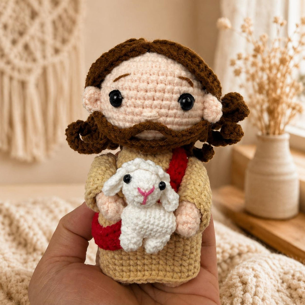 Jesus With Lamb Crochet Doll, Good Shepherd Figurine, Handmade Christian Gift, Catholic Home Decor, Religious Keepsake