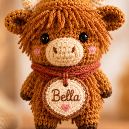 Personalized Highland Cow Crochet Car Charm, Custom Name Amigurumi Cow Rearview Mirror Accessory, Cute Farm Animal Plush Gift for New Driver