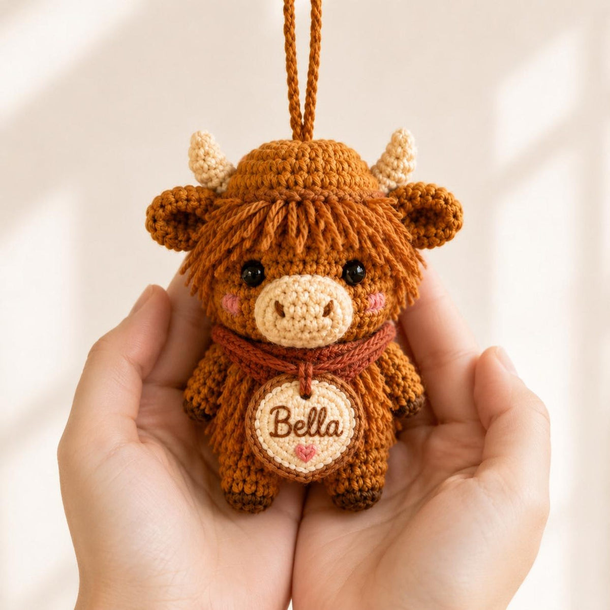 Personalized Highland Cow Crochet Car Charm, Custom Name Amigurumi Cow Rearview Mirror Accessory, Cute Farm Animal Plush Gift for New Driver