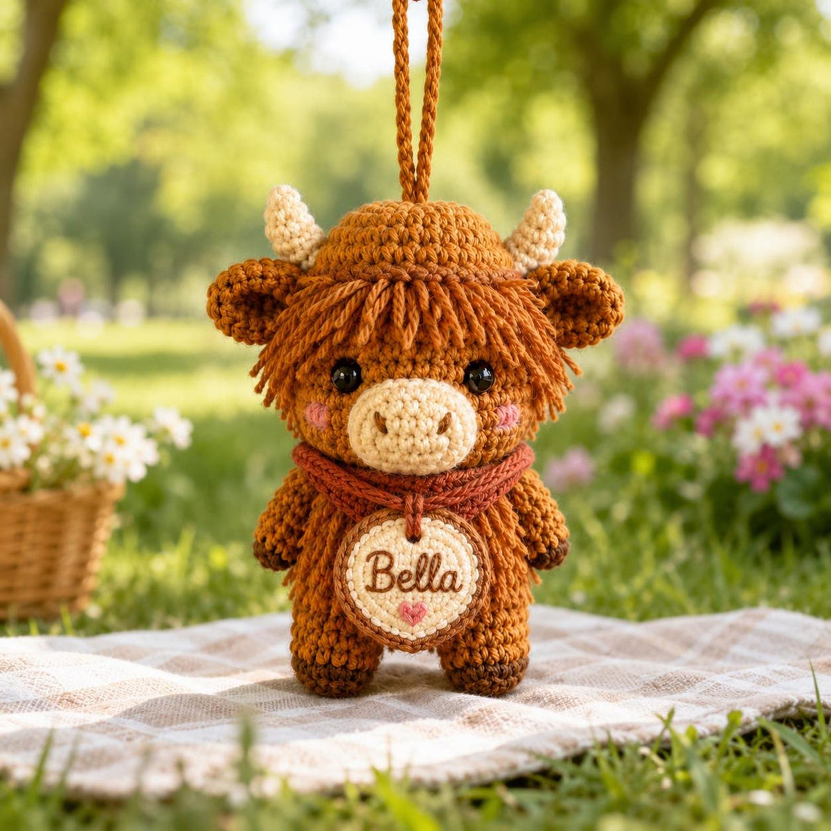 Personalized Highland Cow Crochet Car Charm, Custom Name Amigurumi Cow Rearview Mirror Accessory, Cute Farm Animal Plush Gift for New Driver