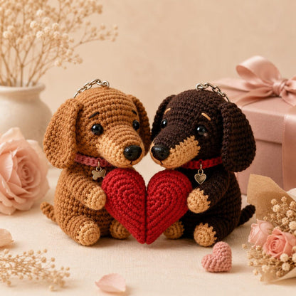 Magnetic Dachshund Couple Keychain Set, Crochet Wiener Dog Plush, Matching Couple Gift, Long Distance Relationship, Dog Lover Gift