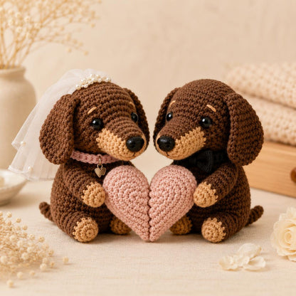Magnetic Dachshund Couple Keychain Set, Crochet Wiener Dog Plush, Matching Couple Gift, Long Distance Relationship, Dog Lover Gift