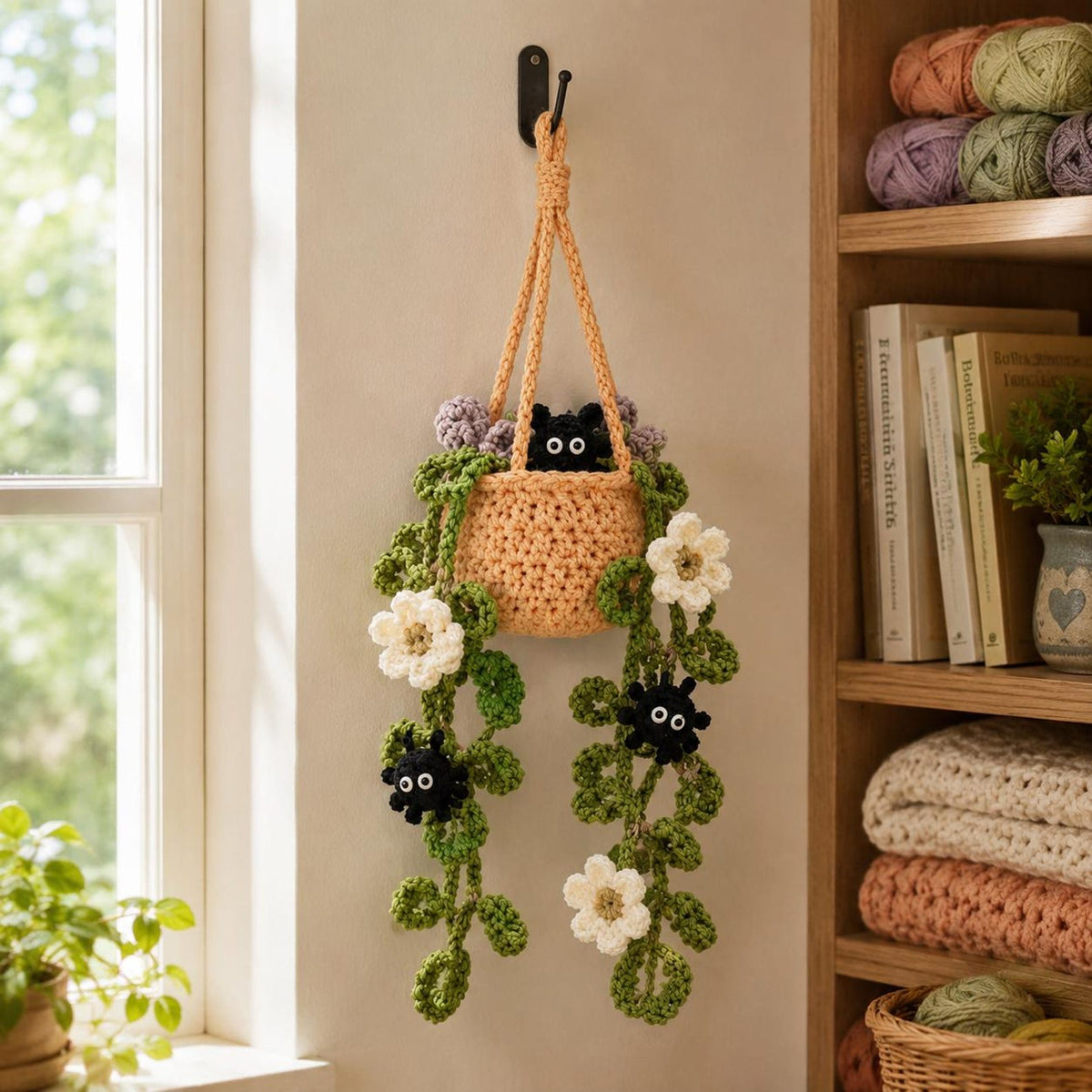Halloween Crochet Spider Car Hanging Plant, Cute Rear View Mirror Charm, Spooky Floral Basket Decor, Handmade Fall Car Gift