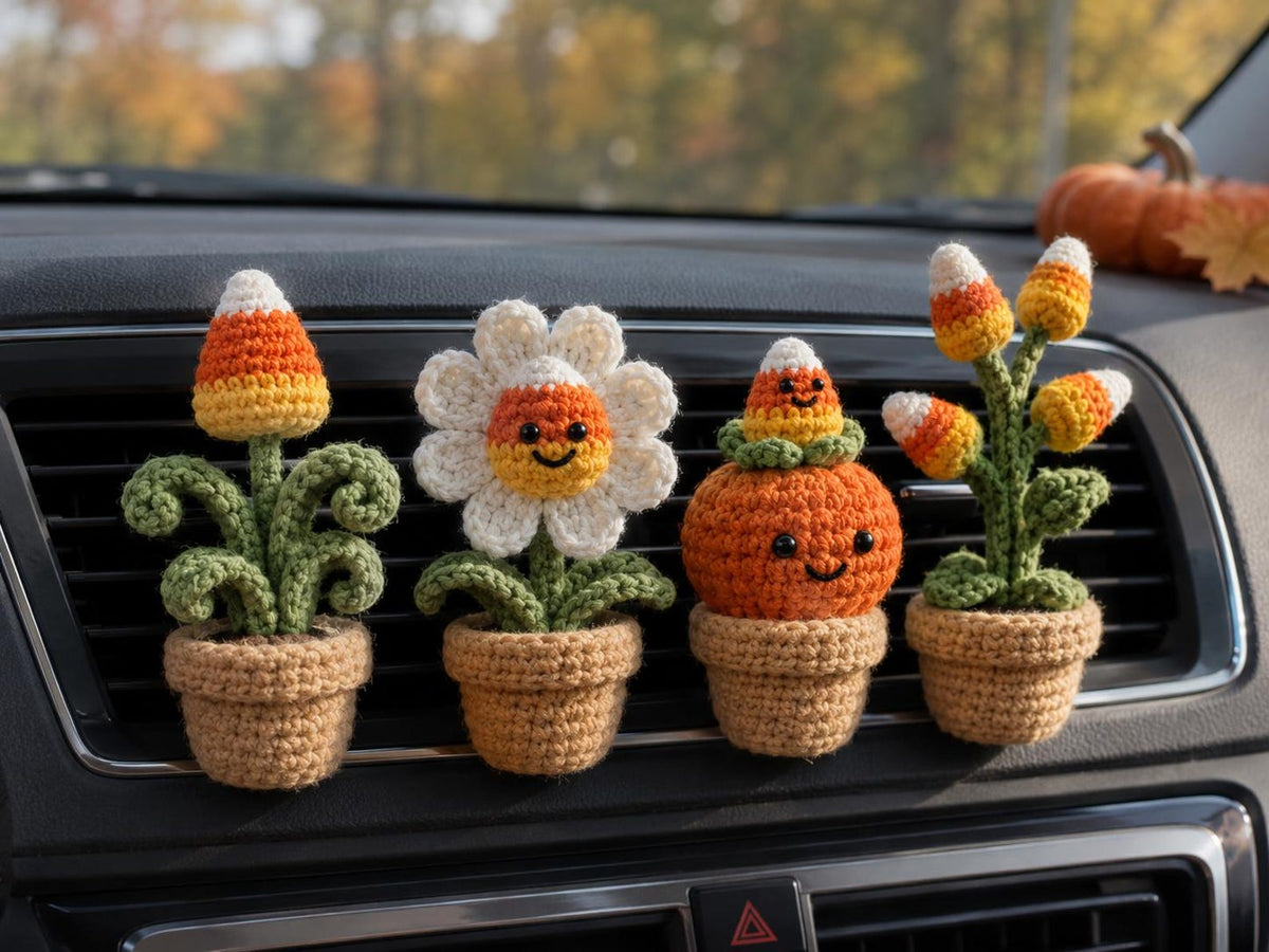 Halloween Crochet Car Vent Clip, Candy Corn Plant Car Decor, Cute Fall Car Accessories, Handmade Spooky Dashboard Charm Gift