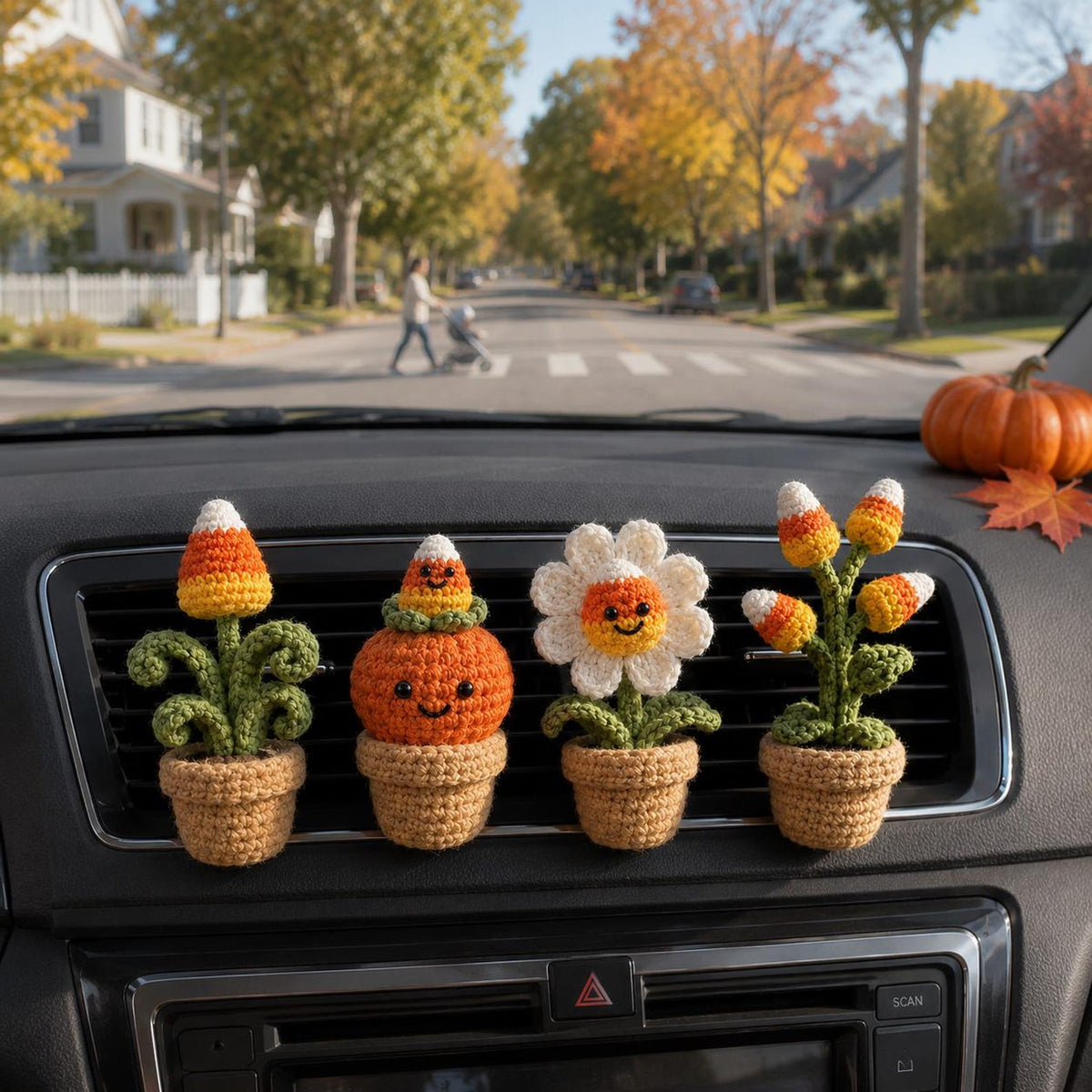 Halloween Crochet Car Vent Clip, Candy Corn Plant Car Decor, Cute Fall Car Accessories, Handmade Spooky Dashboard Charm Gift