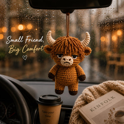 Highland Cow Car Hanging, Handmade Crochet Cow Charm, Funny Emotional Support Cow, Cute Rearview Mirror Decor, Cow Lover Gift