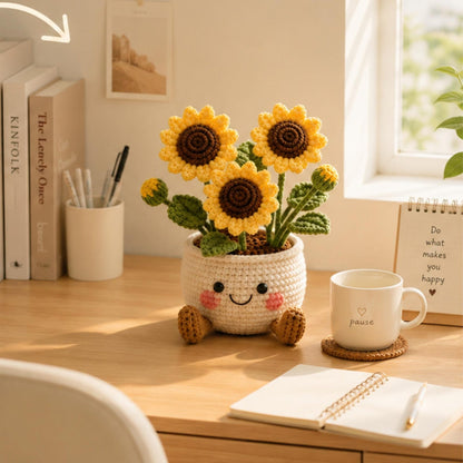 Crochet Flower Pot Set, Sunflower Mushroom Cactus Planter, Handmade Amigurumi Plant Decor, Cute Desk Decor, Positive Gift, Christmas Gift