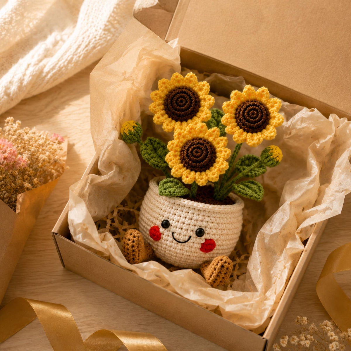 Crochet Flower Pot Set, Sunflower Mushroom Cactus Planter, Handmade Amigurumi Plant Decor, Cute Desk Decor, Positive Gift, Christmas Gift