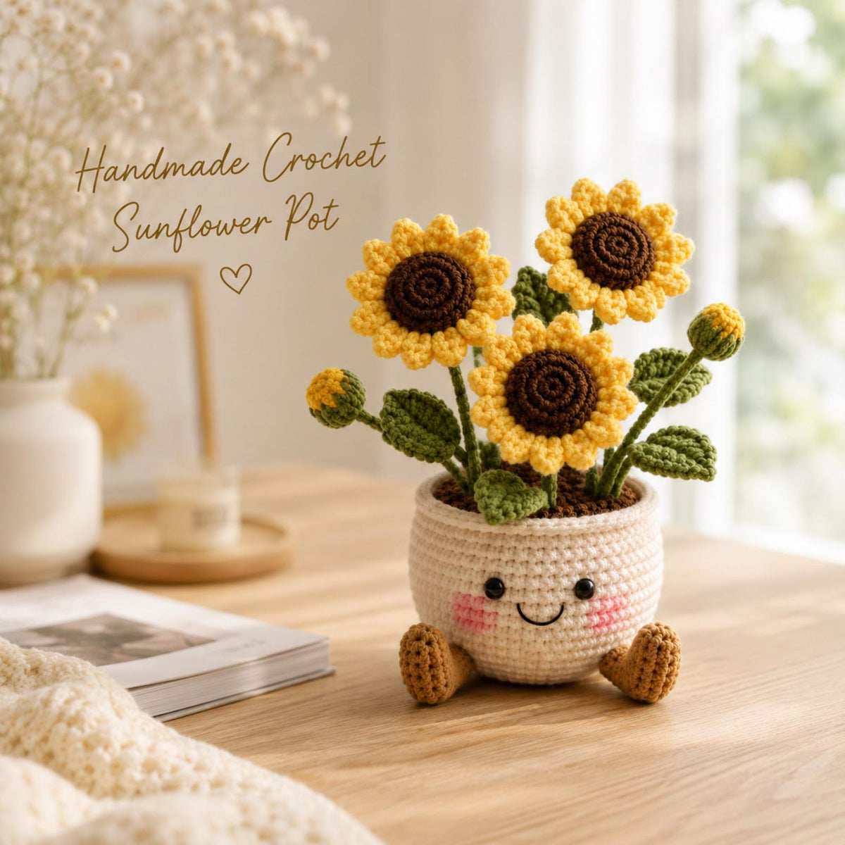 Crochet Flower Pot Set, Sunflower Mushroom Cactus Planter, Handmade Amigurumi Plant Decor, Cute Desk Decor, Positive Gift, Christmas Gift