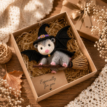 Halloween Opossum Car Charm, Crochet Witch Opossum Rearview Mirror Accessory, Bat Wings Spooky Car Decor, Creepy Cute Goth Gift for Her