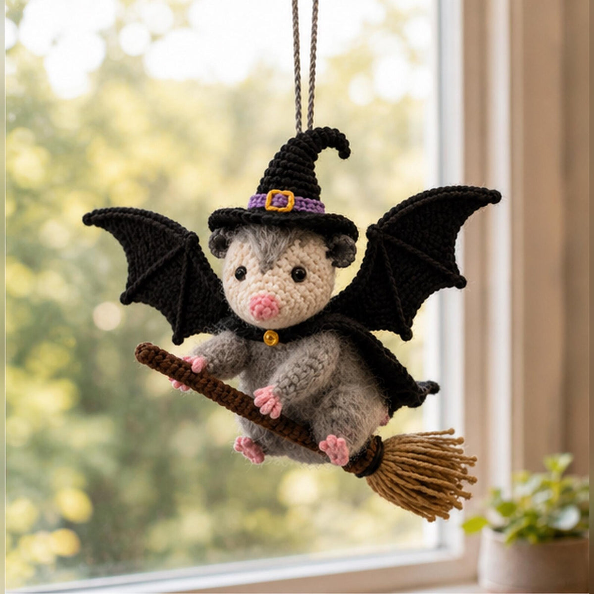 Halloween Opossum Car Charm, Crochet Witch Opossum Rearview Mirror Accessory, Bat Wings Spooky Car Decor, Creepy Cute Goth Gift for Her