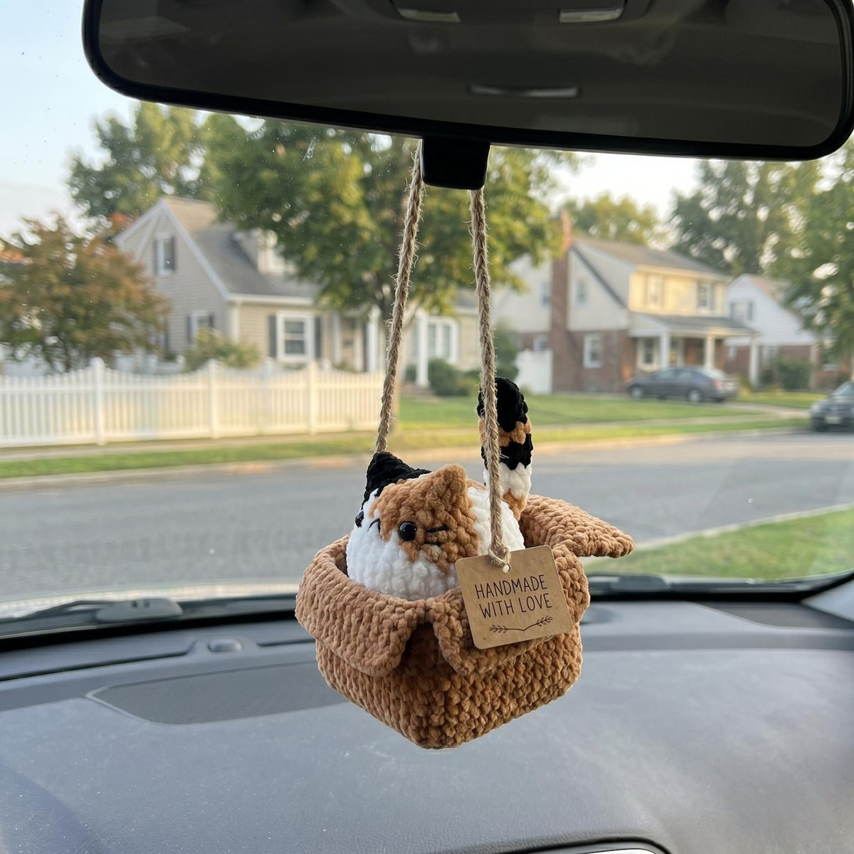 Custom Crochet Cat in Box Car Mirror Charm, Cute Cat in Carton Box Car Accessory, Handmade Kitten Rearview Mirror Hanger, Cat Lover Gift