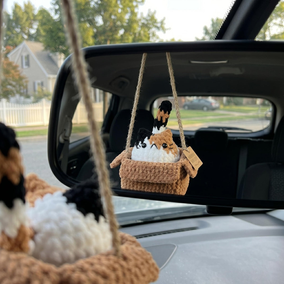 Custom Crochet Cat in Box Car Mirror Charm, Cute Cat in Carton Box Car Accessory, Handmade Kitten Rearview Mirror Hanger, Cat Lover Gift