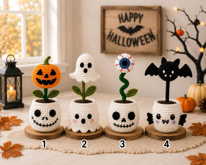 Halloween Crochet Plant Pot Set,Ghost Pumpkin Bat Eyeball Decor,Handmade Amigurumi Desk Decoration,Cute Fall Home Decor Gift,Fall Home Gift