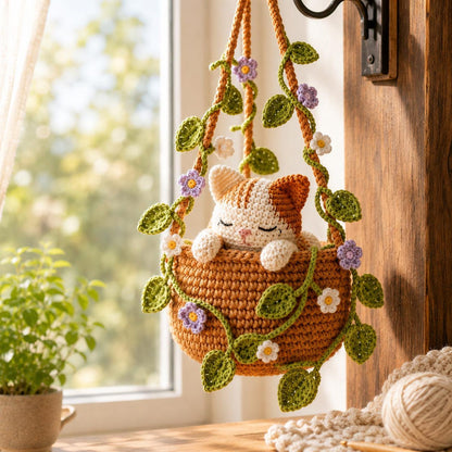 Crochet Calico Cat Hanging Plant Pot, Cute Kitten in Basket, Cat Plant Wall Decor, Unique Handcrafted Cat Lover Gift, Gift For Her
