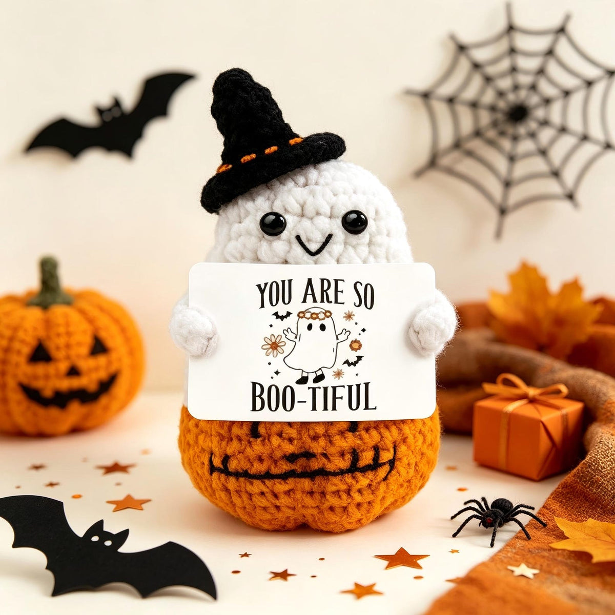 Handmade Crochet Ghost Plush, Positive Halloween Amigurumi, Cute Pumpkin Desk Decor, Spooky Season Gift