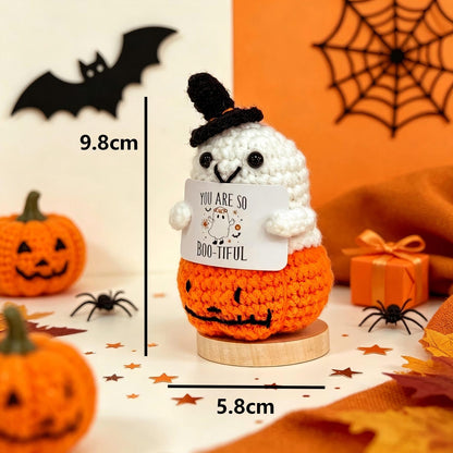 Handmade Crochet Ghost Plush, Positive Halloween Amigurumi, Cute Pumpkin Desk Decor, Spooky Season Gift