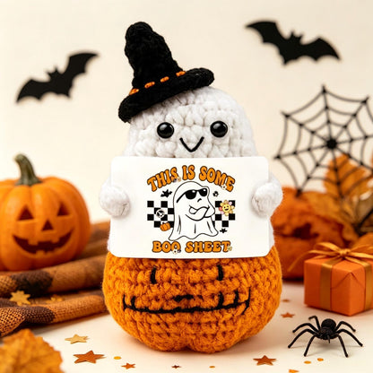 Handmade Crochet Ghost Plush, Positive Halloween Amigurumi, Cute Pumpkin Desk Decor, Spooky Season Gift