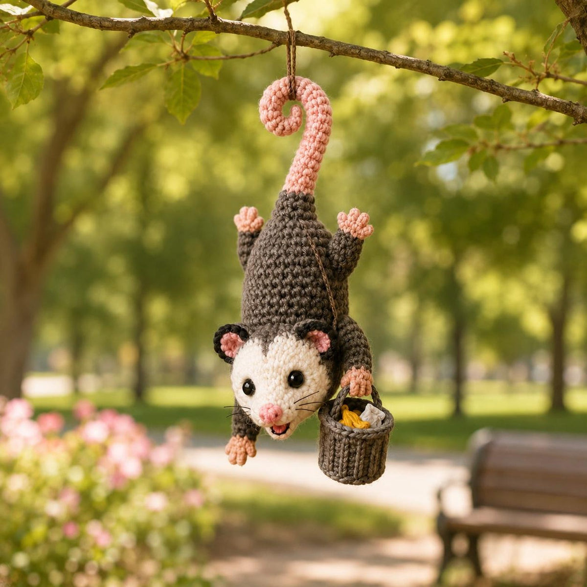 Crocheted Opossum Car Mirror Charm, Kawaii Amigurumi Rearview Accessory, Cute Hanging Decoration, Animal Lover Gift