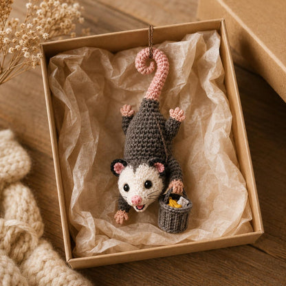 Crocheted Opossum Car Mirror Charm, Kawaii Amigurumi Rearview Accessory, Cute Hanging Decoration, Animal Lover Gift