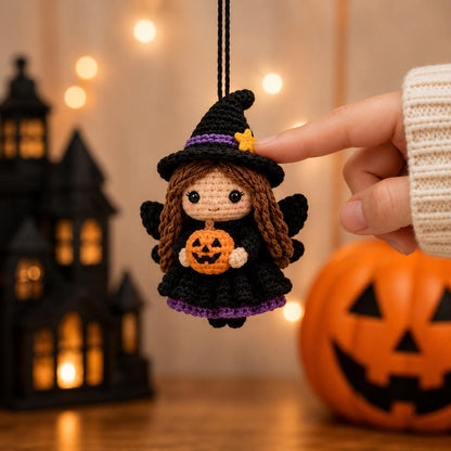 Halloween Witch Car Charm, Crochet Spooky Rearview Mirror Accessory, Cute Amigurumi Goth Decor, Pumpkin Witch Doll Gift