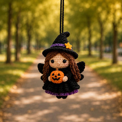 Halloween Witch Car Charm, Crochet Spooky Rearview Mirror Accessory, Cute Amigurumi Goth Decor, Pumpkin Witch Doll Gift