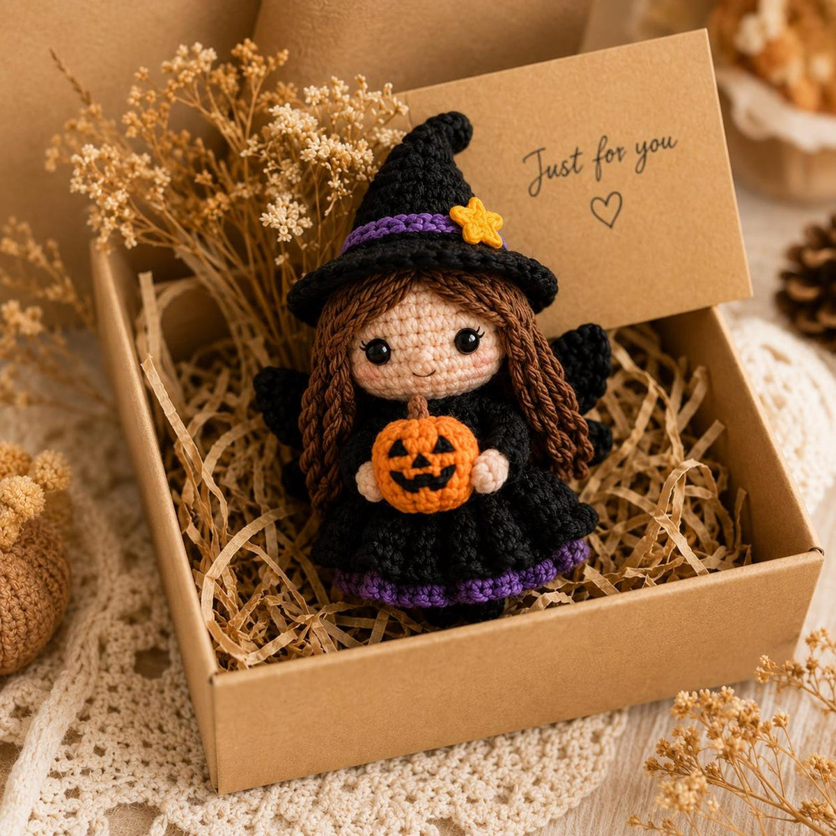Halloween Witch Car Charm, Crochet Spooky Rearview Mirror Accessory, Cute Amigurumi Goth Decor, Pumpkin Witch Doll Gift