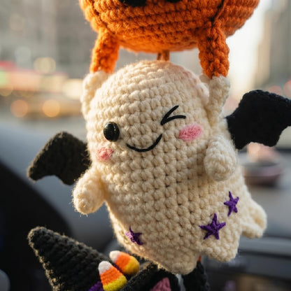 Crochet Halloween Car Mirror Hanger, Pumpkin Ghost Black Cat Witch Hat Amigurumi Charm, Cute Rearview Mirror Accessory, Car Decor Gift