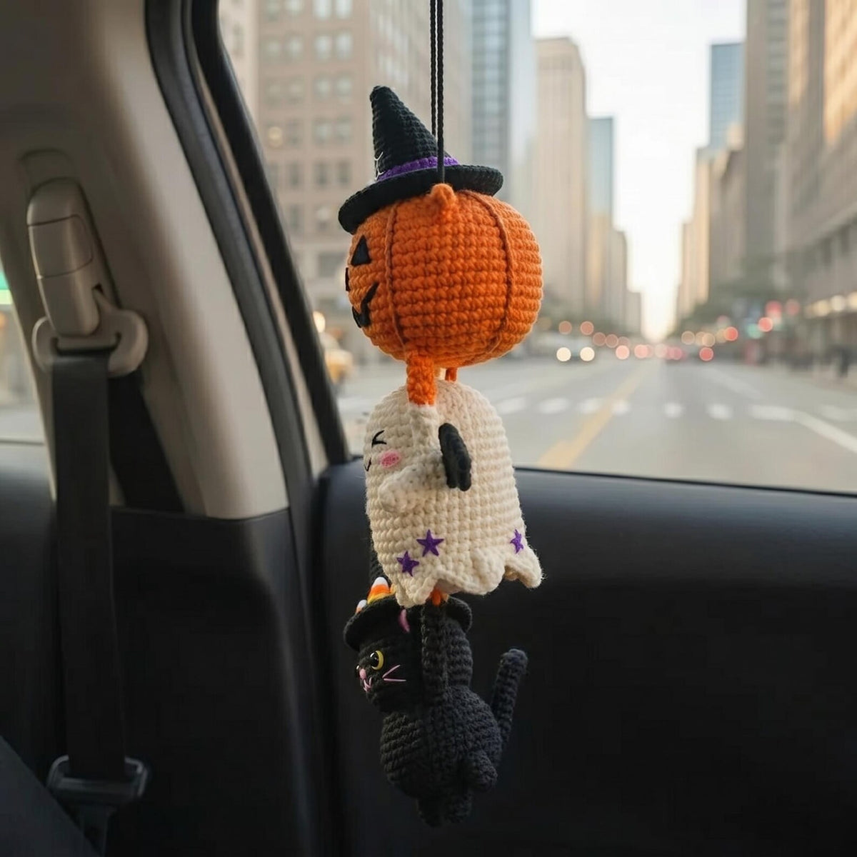 Crochet Halloween Car Mirror Hanger, Pumpkin Ghost Black Cat Witch Hat Amigurumi Charm, Cute Rearview Mirror Accessory, Car Decor Gift