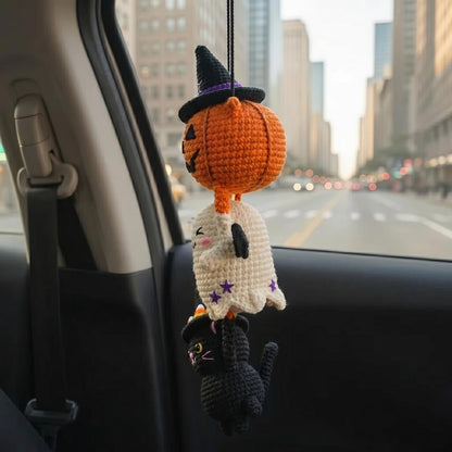 Crochet Halloween Car Mirror Hanger, Pumpkin Ghost Black Cat Witch Hat Amigurumi Charm, Cute Rearview Mirror Accessory, Car Decor Gift