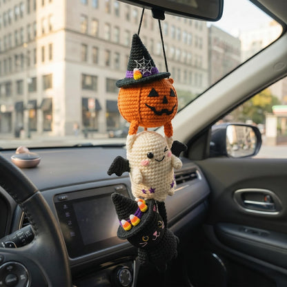 Crochet Halloween Car Mirror Hanger, Pumpkin Ghost Black Cat Witch Hat Amigurumi Charm, Cute Rearview Mirror Accessory, Car Decor Gift