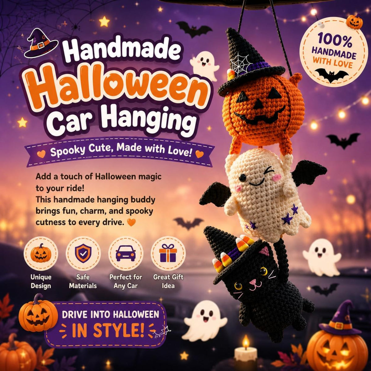 Crochet Halloween Car Mirror Hanger, Pumpkin Ghost Black Cat Witch Hat Amigurumi Charm, Cute Rearview Mirror Accessory, Car Decor Gift