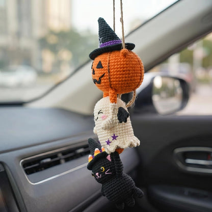 Crochet Halloween Car Mirror Hanger, Pumpkin Ghost Black Cat Witch Hat Amigurumi Charm, Cute Rearview Mirror Accessory, Car Decor Gift