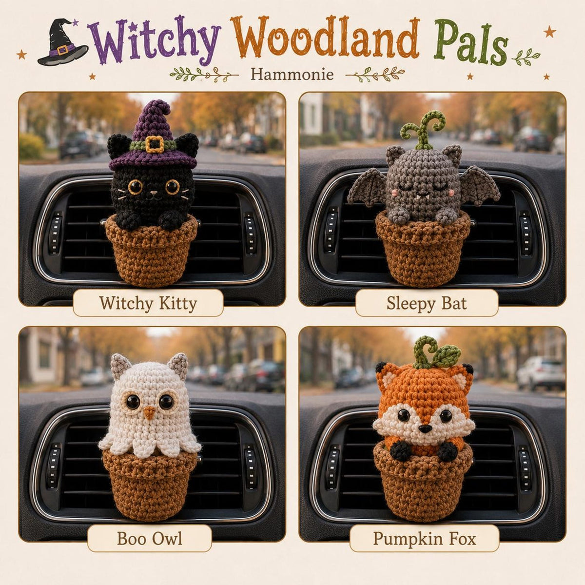 Halloween Crochet Car Vent Clip, Cute Car Decor, Handmade Spooky Car Charm, Witchy Woodland Pals Car Accessories
