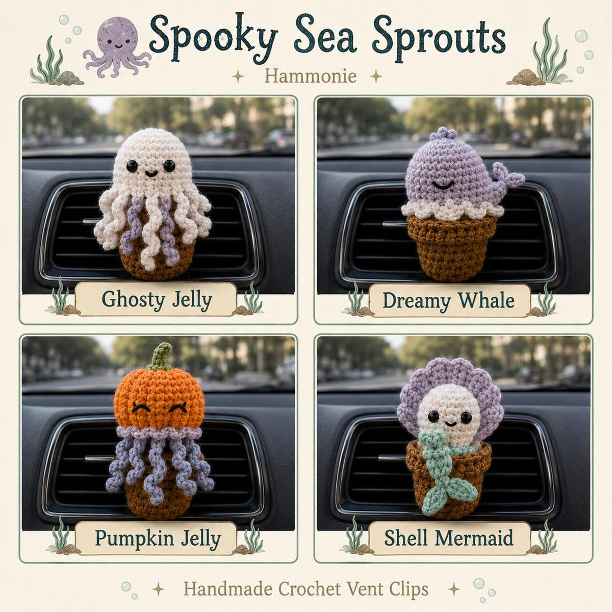 Halloween Spooky Sea Crochet Car Vent Clip, Cute Car Accessories, Car Charm Decor, Halloween Amigurumi Gift