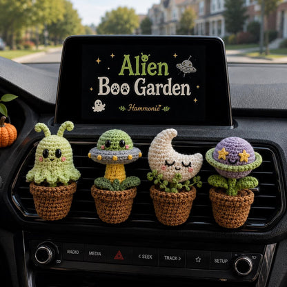 Alien Crochet Car Vent Clip, Halloween Space Car Decor, Cute Car Charm, Handmade Spooky Car Accessory, Alien Boo Garden