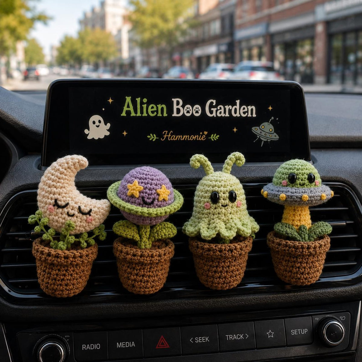 Alien Crochet Car Vent Clip, Halloween Space Car Decor, Cute Car Charm, Handmade Spooky Car Accessory, Alien Boo Garden
