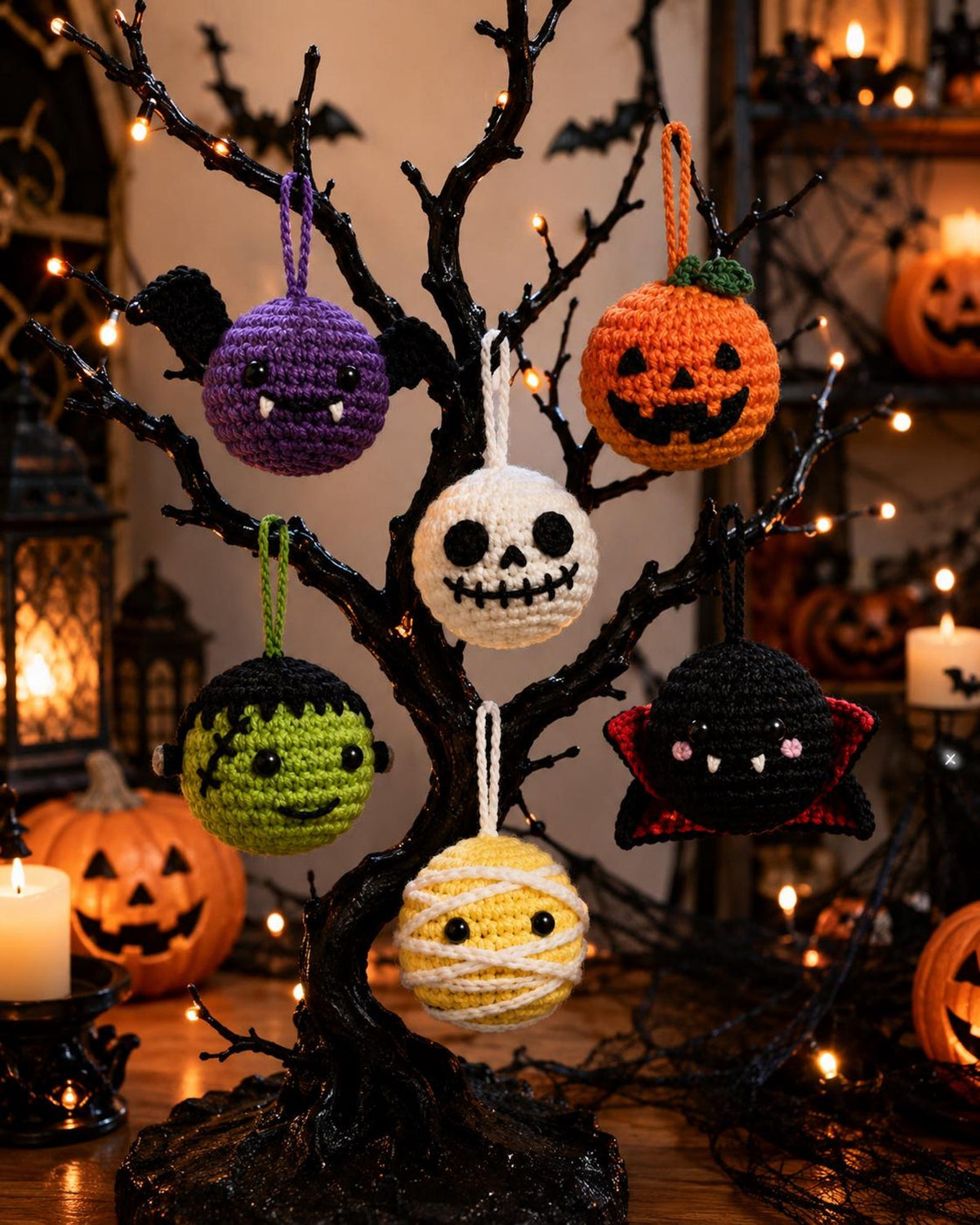 Handmade Crochet Halloween Ornaments, Spooky Tree Decorations, Ghost Spider Pumpkin Bat Skull Witch Hat Hanging Charms, Halloween Tree Decor