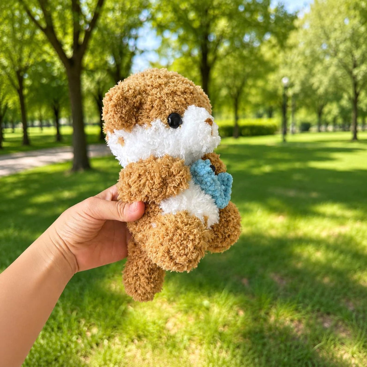Handmade Crochet Otter Plush Holding Fish, Amigurumi Stuffed Animal Toy