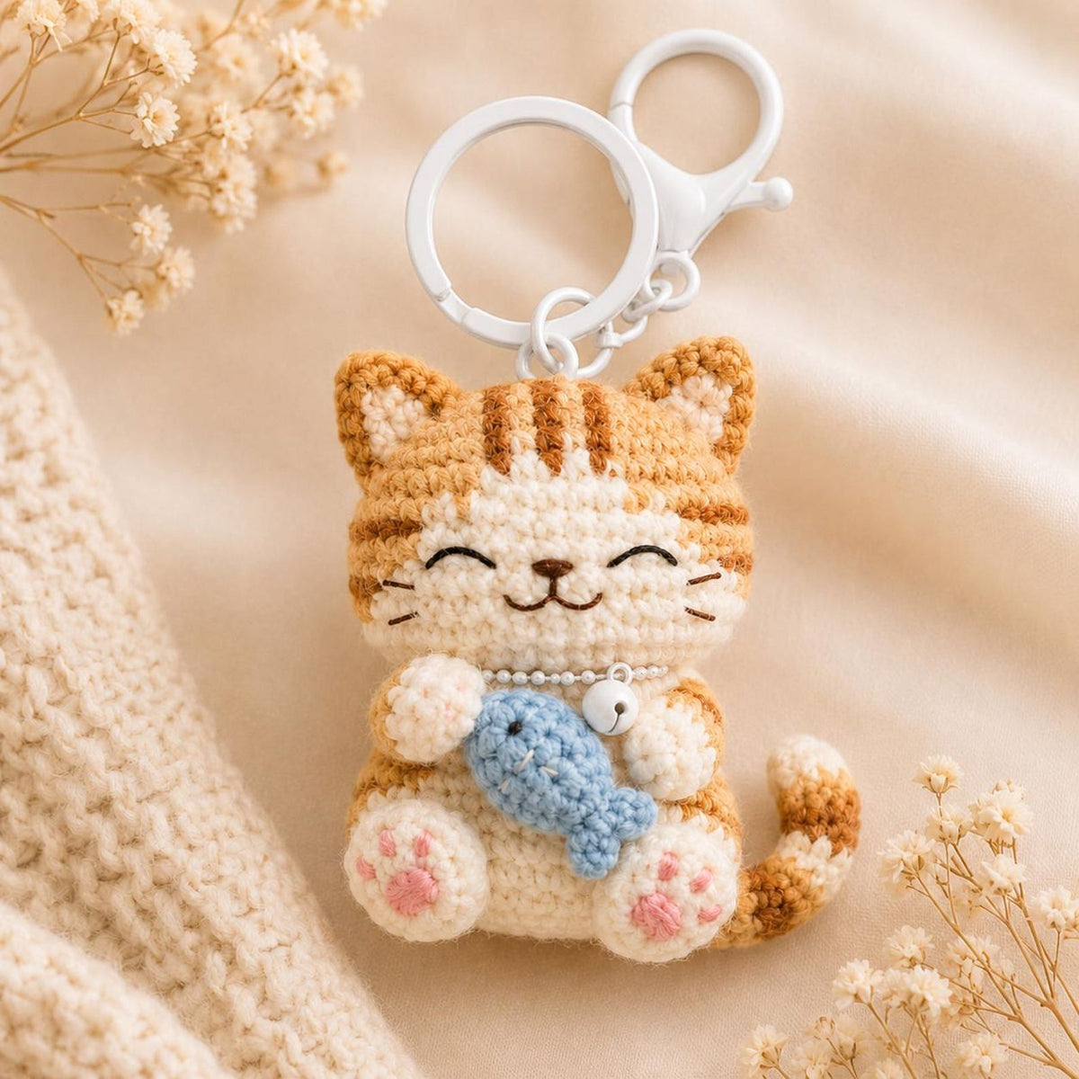Crochet Cat Keychain – Handmade Amigurumi Cat Keyring, Cute Plush Keychain, Kawaii Bag Charm, Mini Crochet Animal Keychain