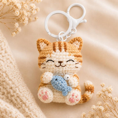 Crochet Cat Keychain – Handmade Amigurumi Cat Keyring, Cute Plush Keychain, Kawaii Bag Charm, Mini Crochet Animal Keychain